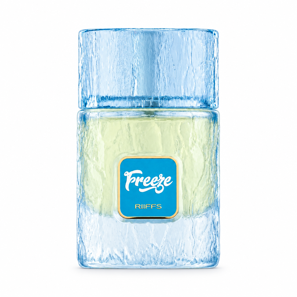 Riiffs Freeze icy blue fragrance bottle with a turquoise and gold label on a white background.