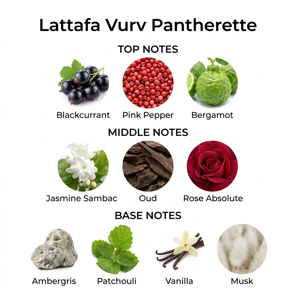 Lattafa Vurv Pantherette notes: blackcurrant, pink pepper, bergamot; jasmine sambac, oud, rose absolute; ambergris, patchouli, vanilla and musk.