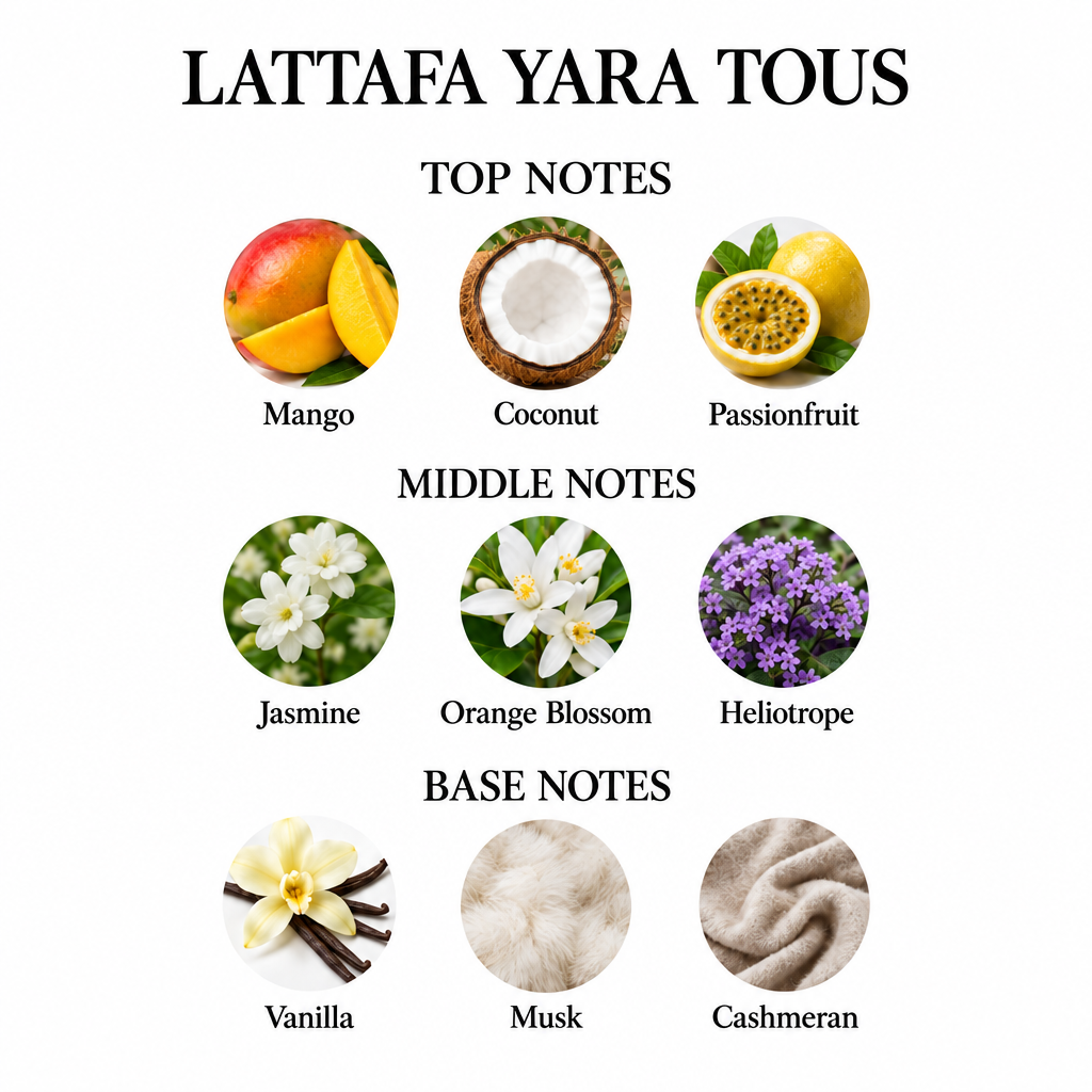 Lattafa Yara Tous notes card with mango, coconut, passionfruit, jasmine, orange blossom, heliotrope, vanilla, musk and cashmeran