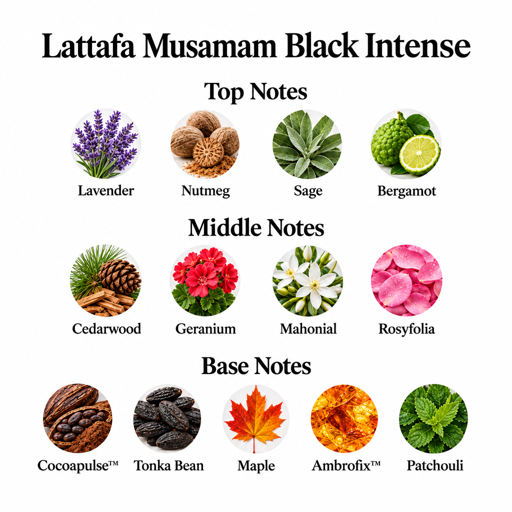 Musamam Black Intense notes: lavender, nutmeg, sage, bergamot; cedarwood, geranium, Mahonial, Rosyfolia; Cocoapulse™, tonka bean, maple, Ambrofix™, patchouli.