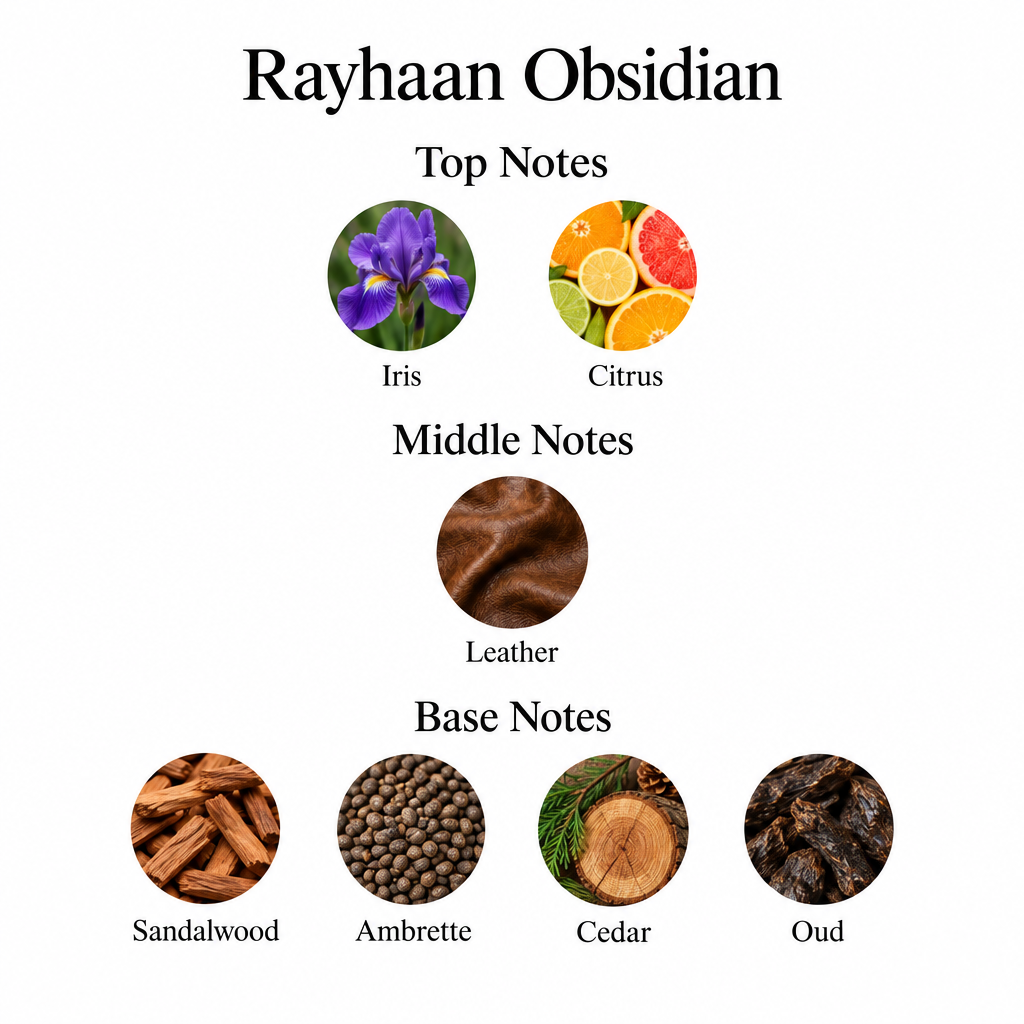 Obsidian notes: iris, citrus; leather; sandalwood, ambrette, cedar, oud.