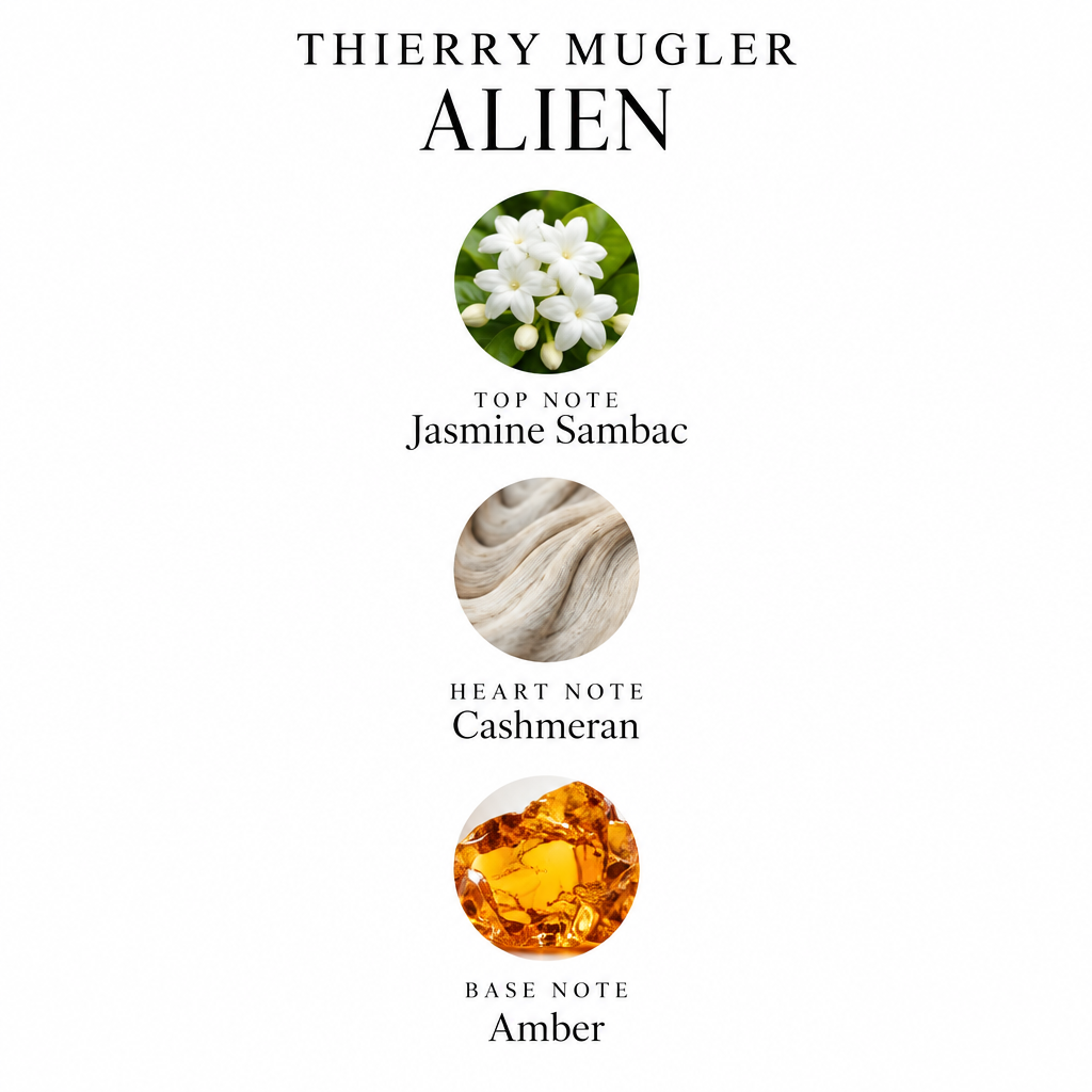 Thierry Mugler Alien notes card: Jasmine Sambac, Cashmeran, Amber