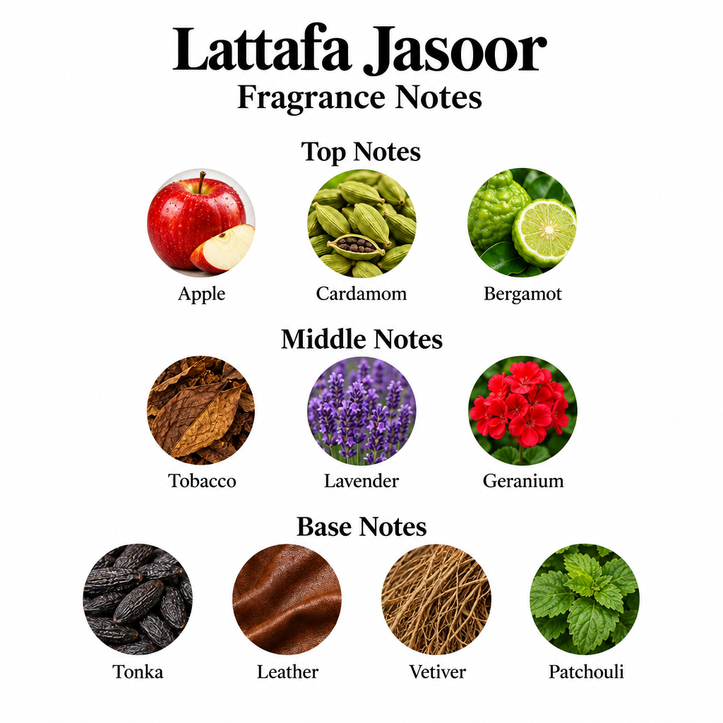 Lattafa Jasoor notes: apple, cardamom, bergamot; tobacco, lavender, geranium; tonka, leather, vetiver, patchouli.