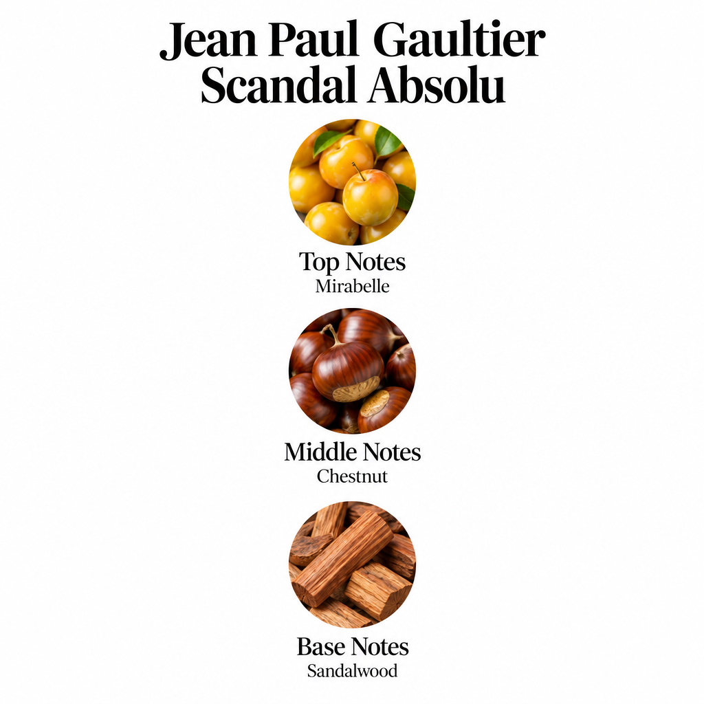 Jean Paul Gaultier Scandal Absolu notes card: Mirabelle top note, Chestnut heart note, Sandalwood base note