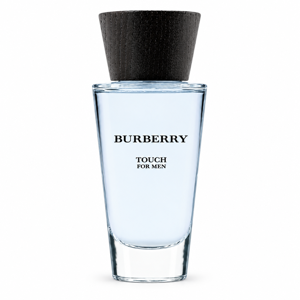 Burberry Touch for Men clear glass fragrance bottle with dark wood cap, closely framed on a white background.