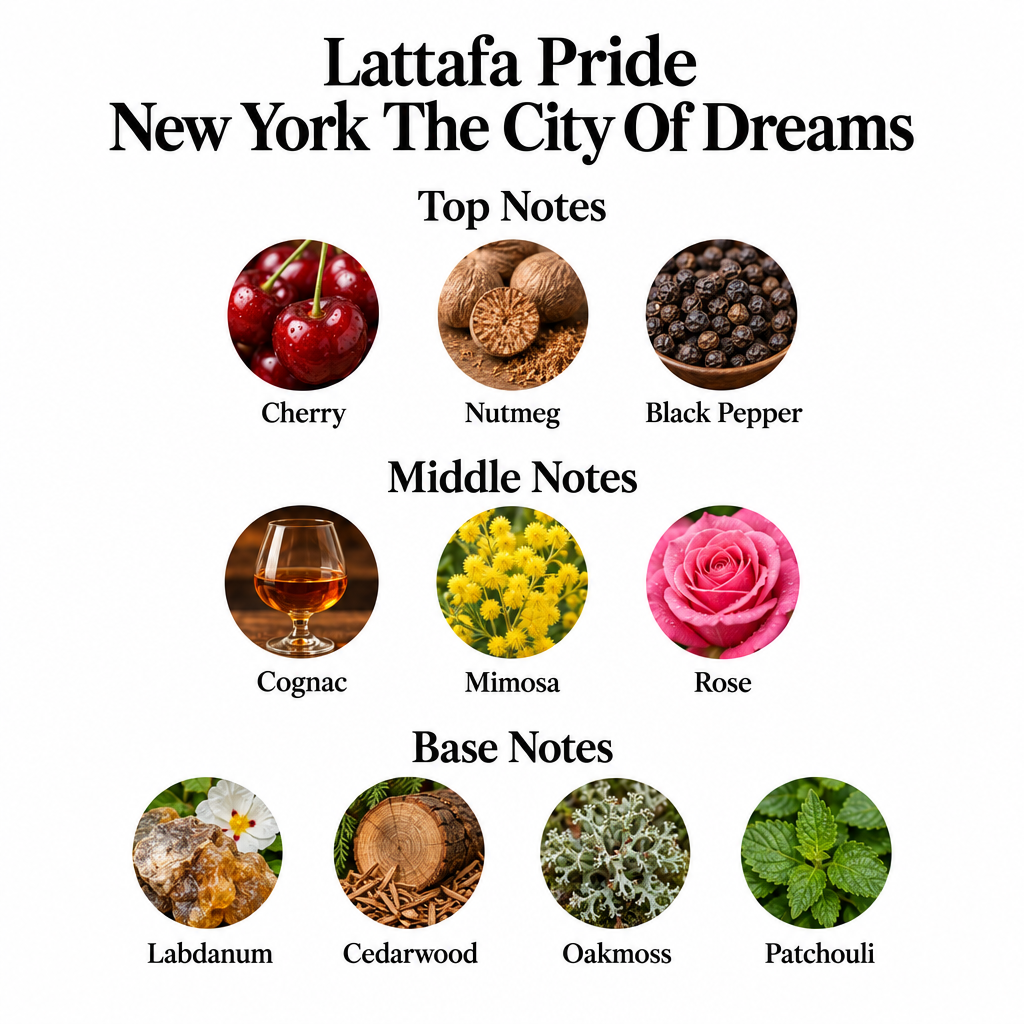 New York The City Of Dreams notes: cherry, nutmeg, black pepper; cognac, mimosa, rose; labdanum, cedarwood, oakmoss, patchouli.
