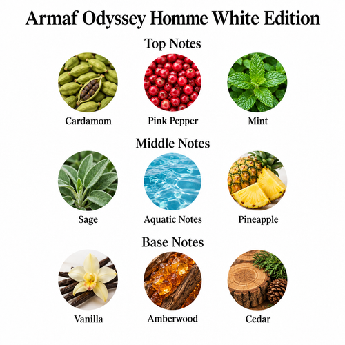Armaf Odyssey Homme White Edition notes: Cardamom, Pink Pepper, Mint; Sage, Aquatic Notes, Pineapple; Vanilla, Amberwood, Cedar.