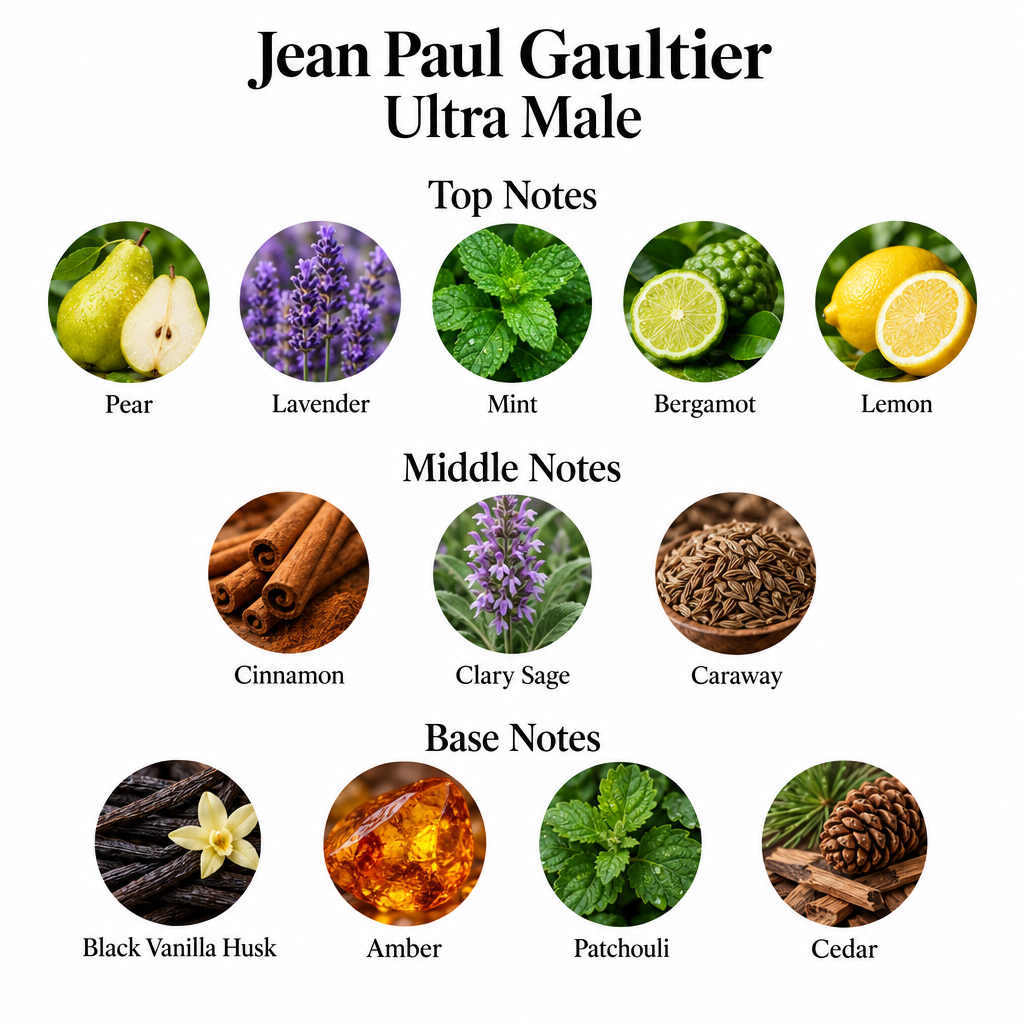Jean Paul Gaultier Ultra Male notes card showing all twelve top, middle, and base fragrance notes