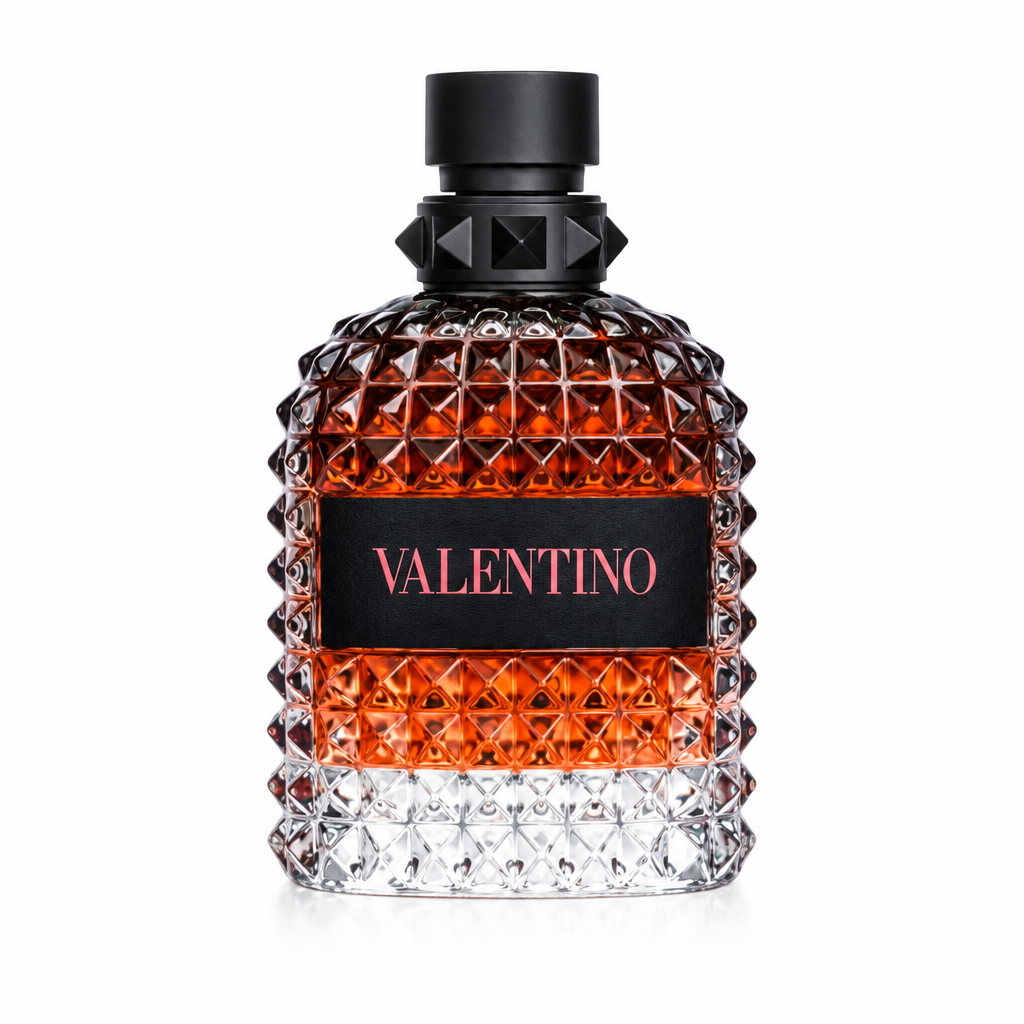 Valentino Uomo Born In Roma Coral Fantasy studded fragrance bottle on a white background.