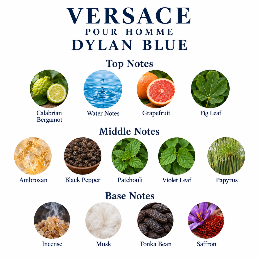 Dylan Blue notes: Calabrian bergamot, water notes, grapefruit, fig leaf; Ambroxan, black pepper, patchouli, violet leaf, papyrus; incense, musk, tonka bean, saffron.