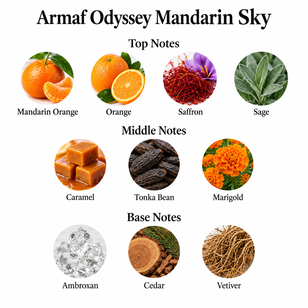 Armaf Odyssey Mandarin Sky notes: Mandarin Orange, Orange, Saffron, Sage; Caramel, Tonka Bean, Marigold; Ambroxan, Cedar, Vetiver.