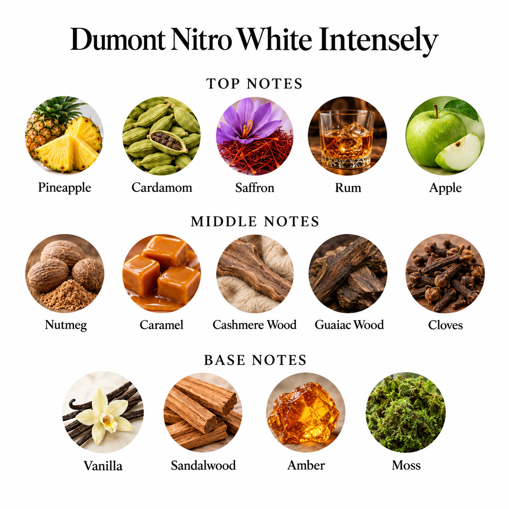 Dumont Nitro White Intensely notes card showing all fourteen top, middle, and base fragrance notes
