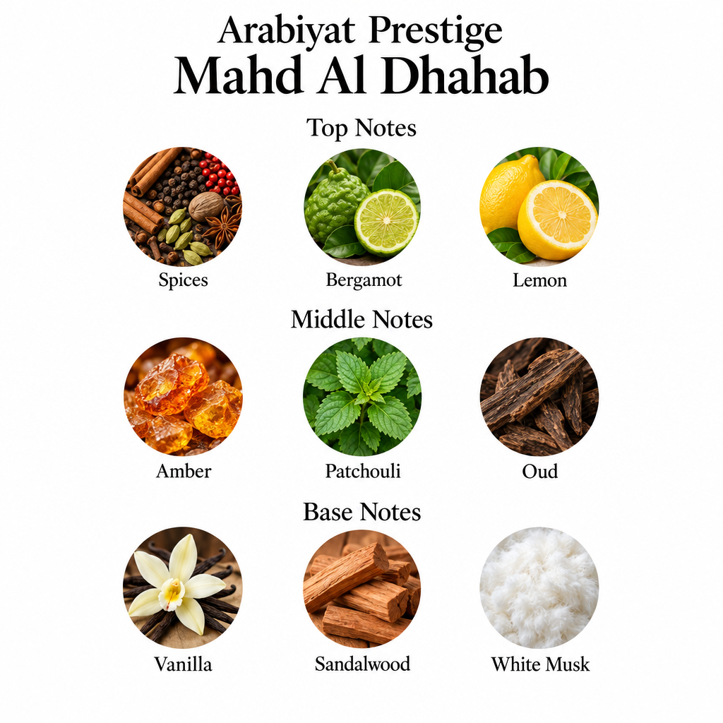 Arabiyat Prestige Mahd Al Dhahab top, middle and base fragrance notes