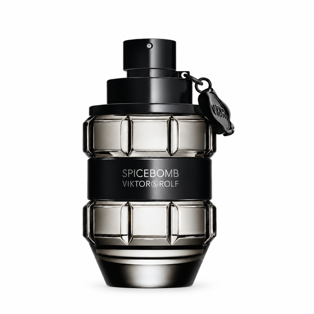 Viktor & Rolf Spicebomb grenade-shaped fragrance bottle with black sprayer and hanging tag on white.