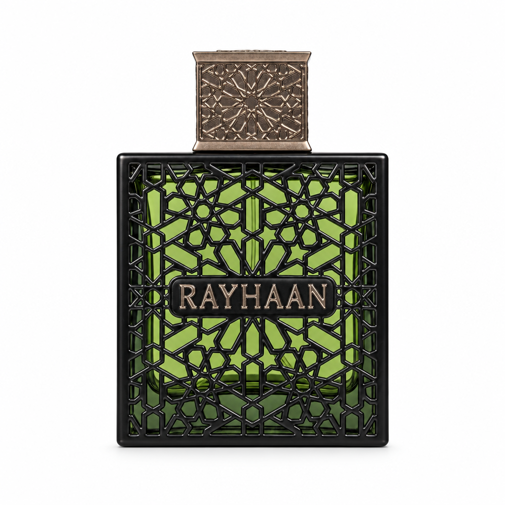 Rayhaan Terra olive green fragrance bottle with black geometric lattice on a white background.