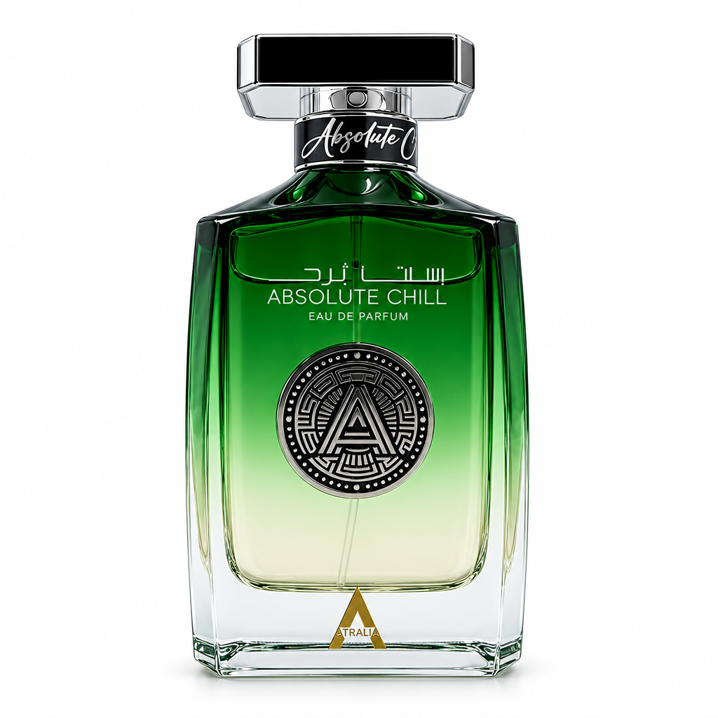 Atralia Absolute Chill green gradient glass fragrance bottle with silver and black cap, closely framed on a white background.