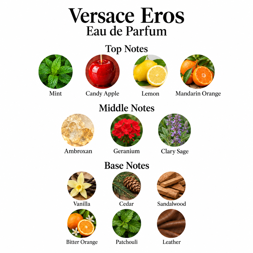 Versace Eros Eau de Parfum notes: mint, candy apple, lemon, mandarin orange; Ambroxan, geranium, clary sage; vanilla, cedar, sandalwood, bitter orange, patchouli, leather.