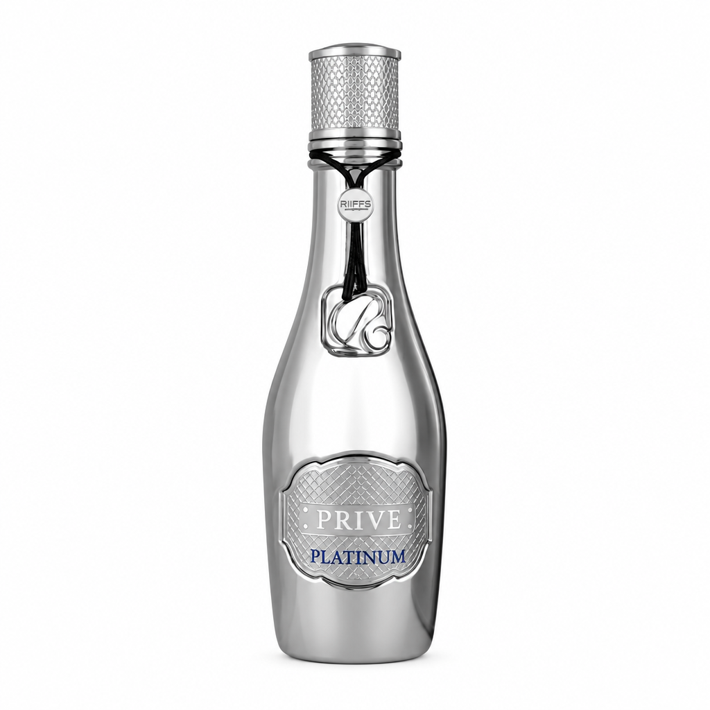 Riiffs Prive Platinum silver fragrance bottle with hanging medallion on a white background.