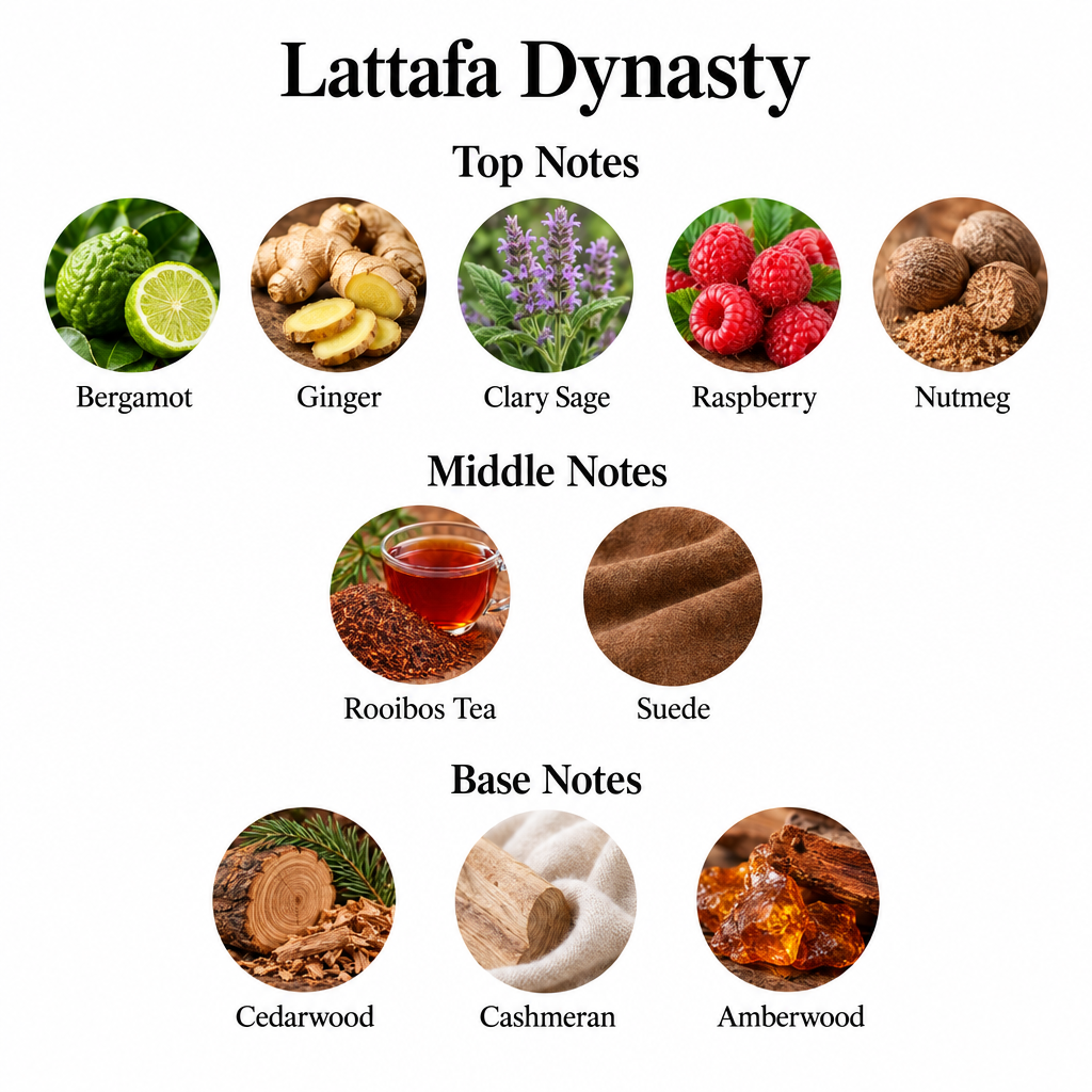 Lattafa Dynasty: bergamot, ginger, clary sage, raspberry, nutmeg; rooibos tea, suede; cedarwood, cashmeran, amberwood.