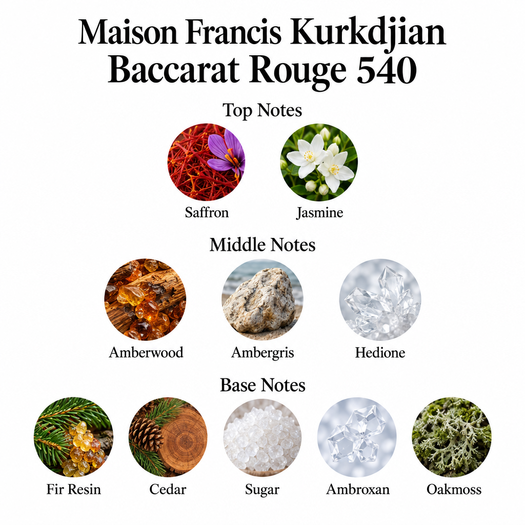 Baccarat Rouge 540: saffron, jasmine; amberwood, ambergris, hedione; fir resin, cedar, sugar, ambroxan, oakmoss.