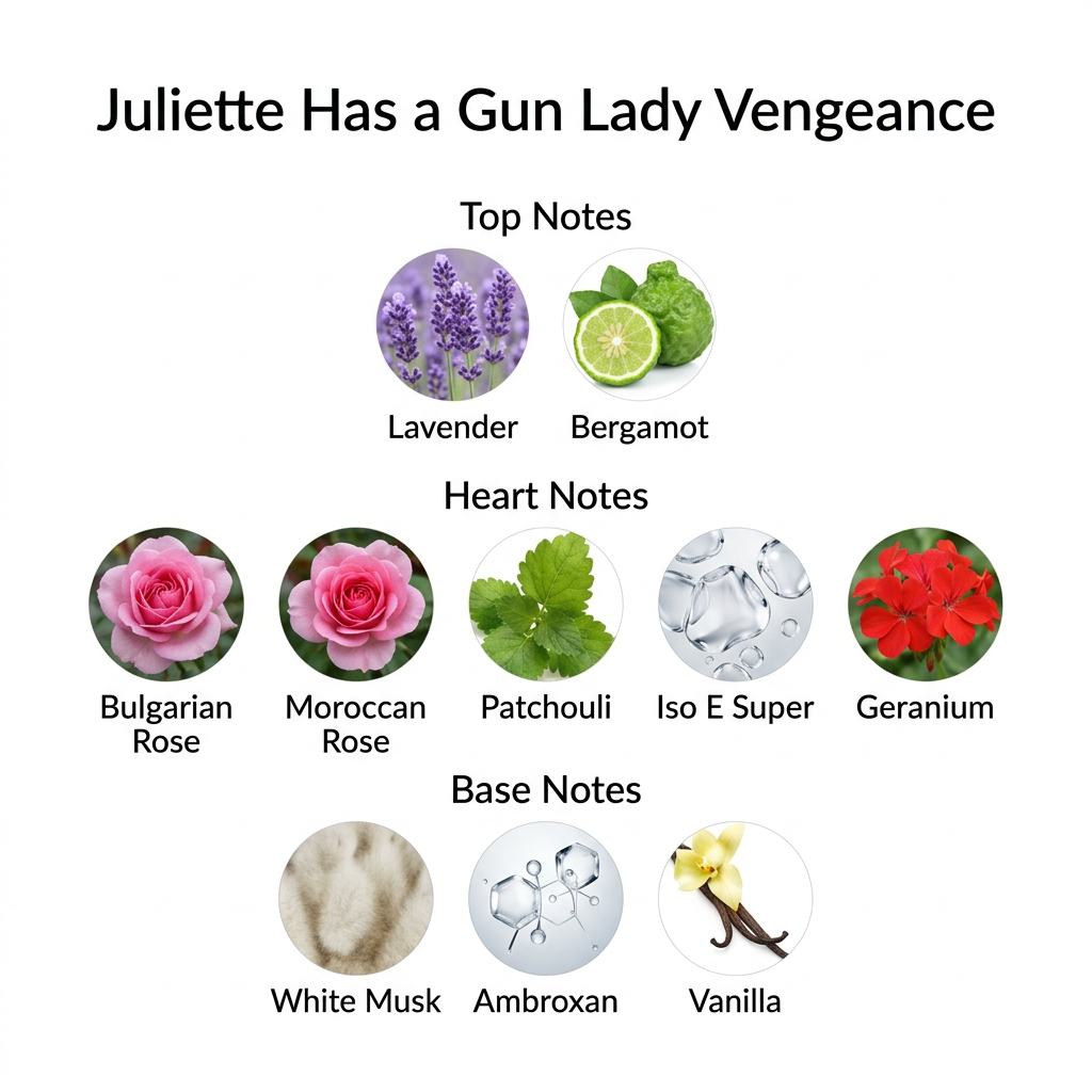 Lady Vengeance fragrance notes: lavender and bergamot; Bulgarian rose, Moroccan rose, patchouli, Iso E Super and geranium; white musk, Ambroxan and vanilla.