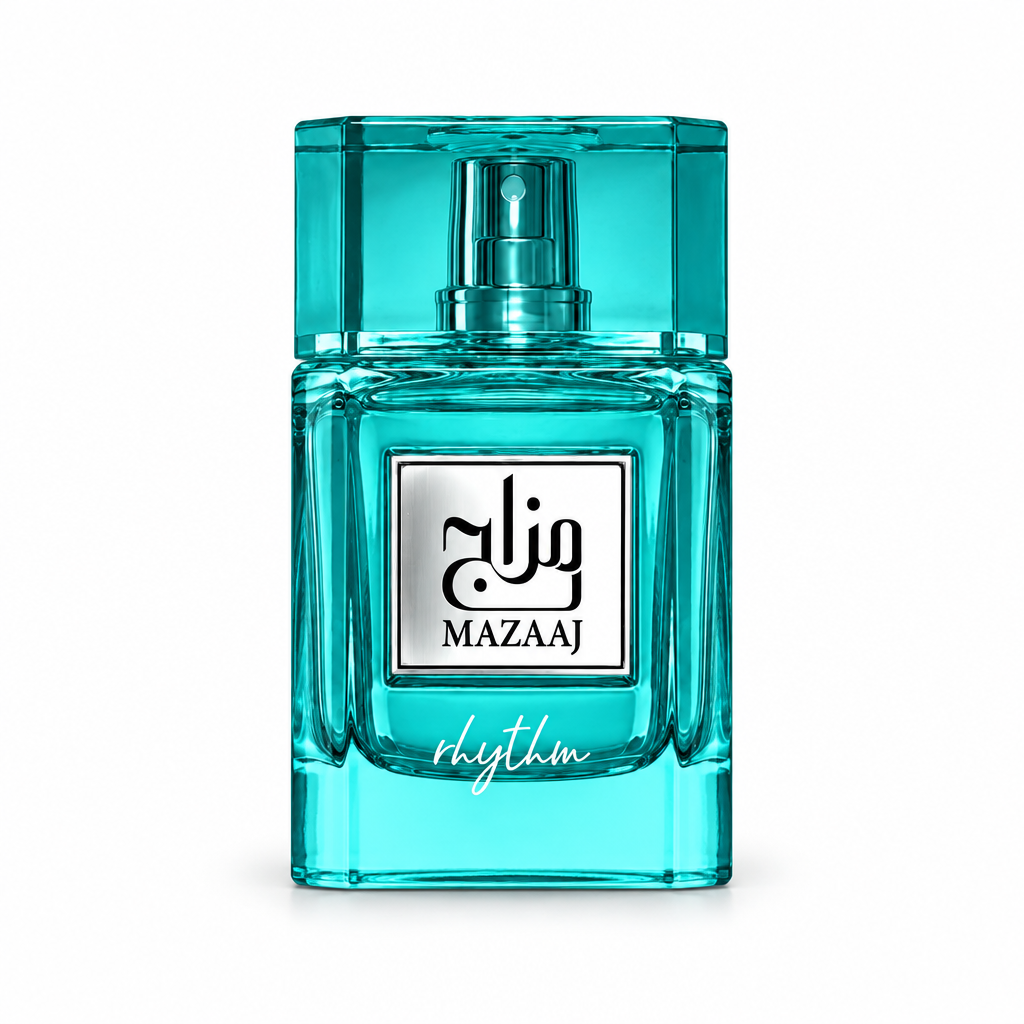 Zimaya Mazaaj Rhythm turquoise glass bottle with transparent cap and silver label, centered on white.