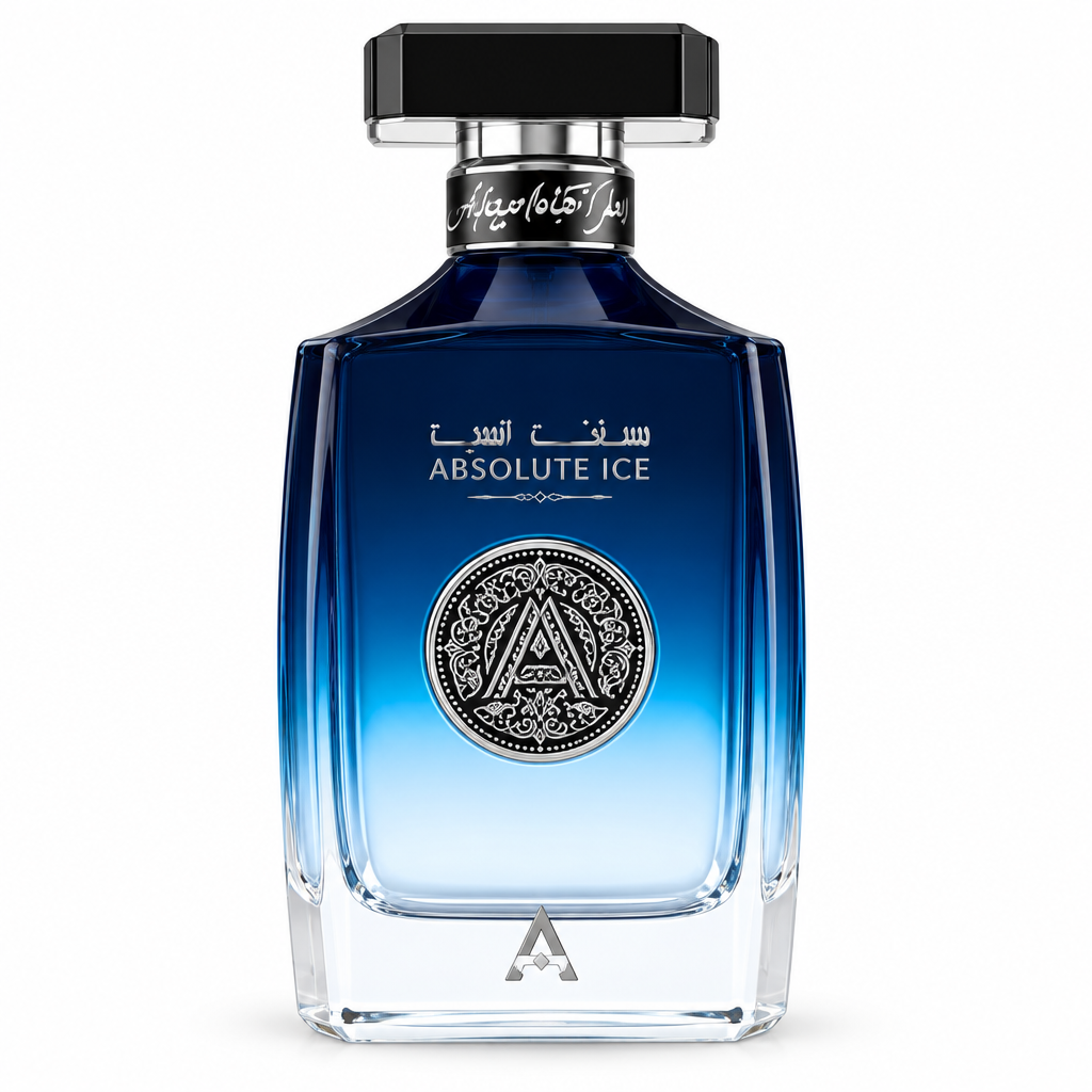 Atralia Absolute Ice blue gradient fragrance bottle with silver and black cap, closely framed on white.