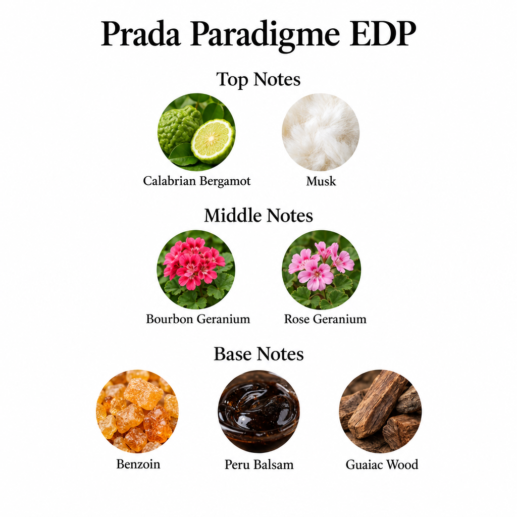 Prada Paradigme notes: Calabrian bergamot, musk; Bourbon geranium, rose geranium; benzoin, Peru balsam, guaiac wood.