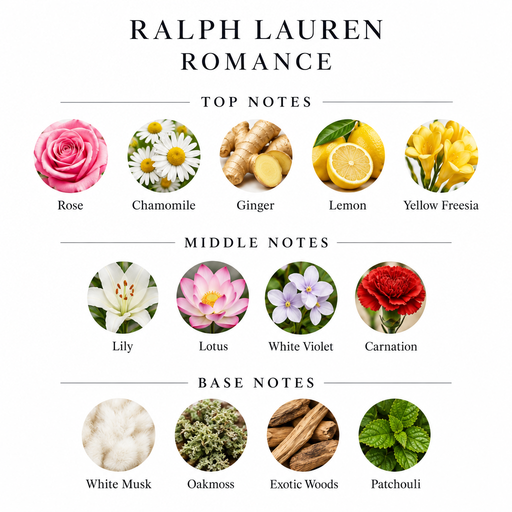 Ralph Lauren Romance top, heart and base fragrance notes
