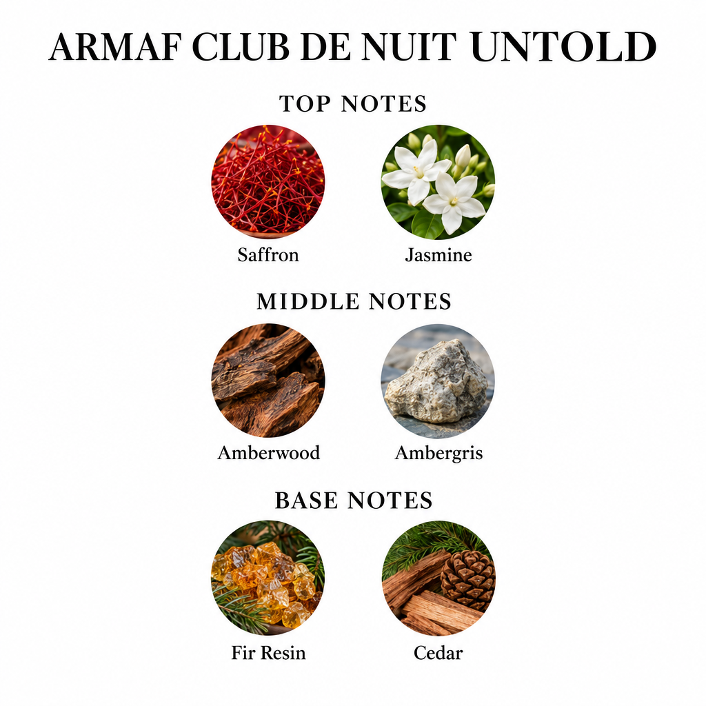 Armaf Club de Nuit Untold notes card: Saffron, Jasmine; Amberwood, Ambergris; Fir Resin, Cedar