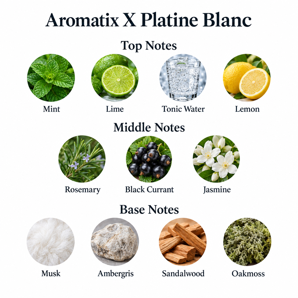 Aromatix X Platine Blanc notes: mint, lime, tonic water, lemon; rosemary, black currant, jasmine; musk, ambergris, sandalwood, oakmoss.