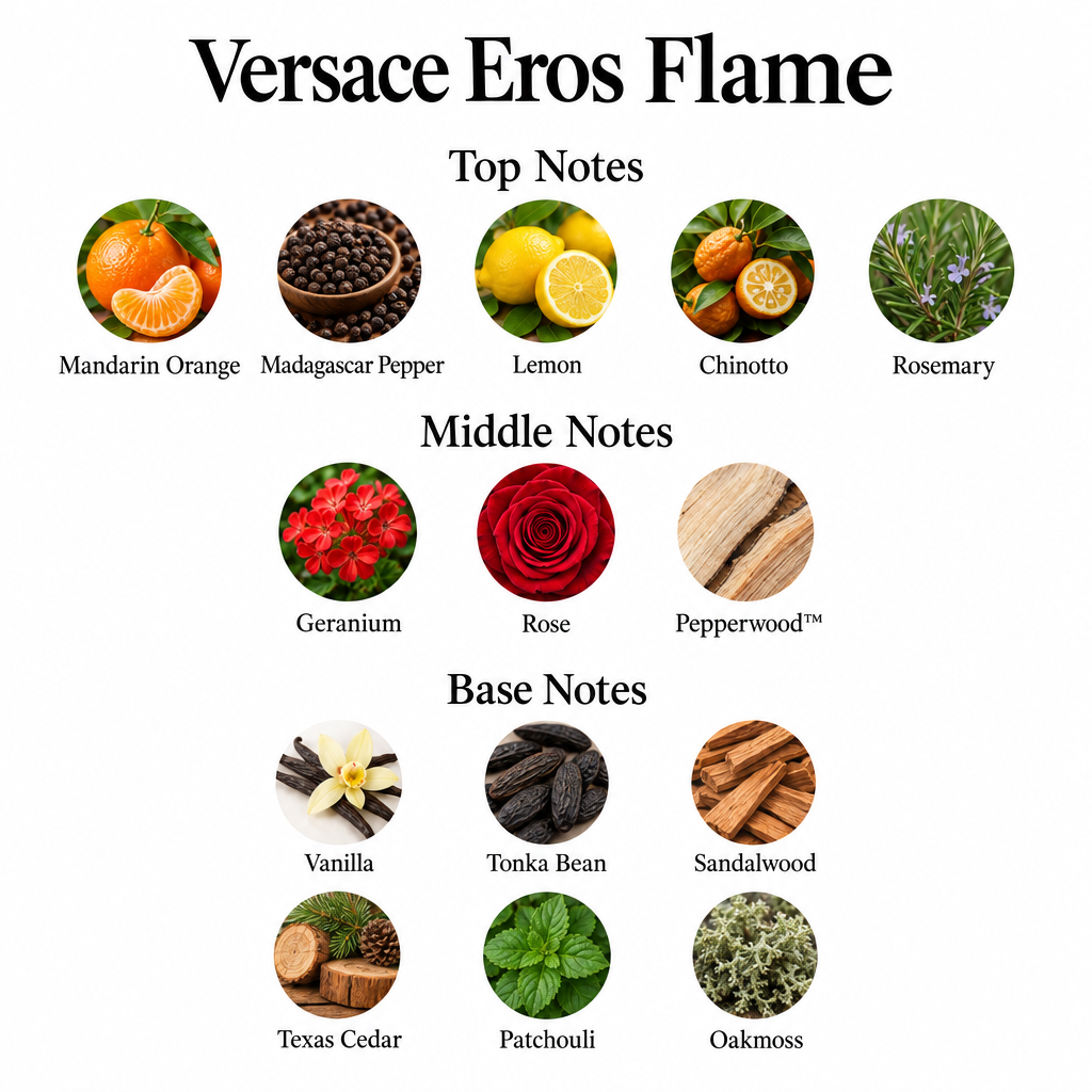 Versace Eros Flame fourteen-note card: mandarin orange, Madagascar pepper, lemon, Chinotto, rosemary; geranium, rose, Pepperwood™; vanilla, tonka bean, sandalwood, Texas cedar, patchouli, oakmoss.