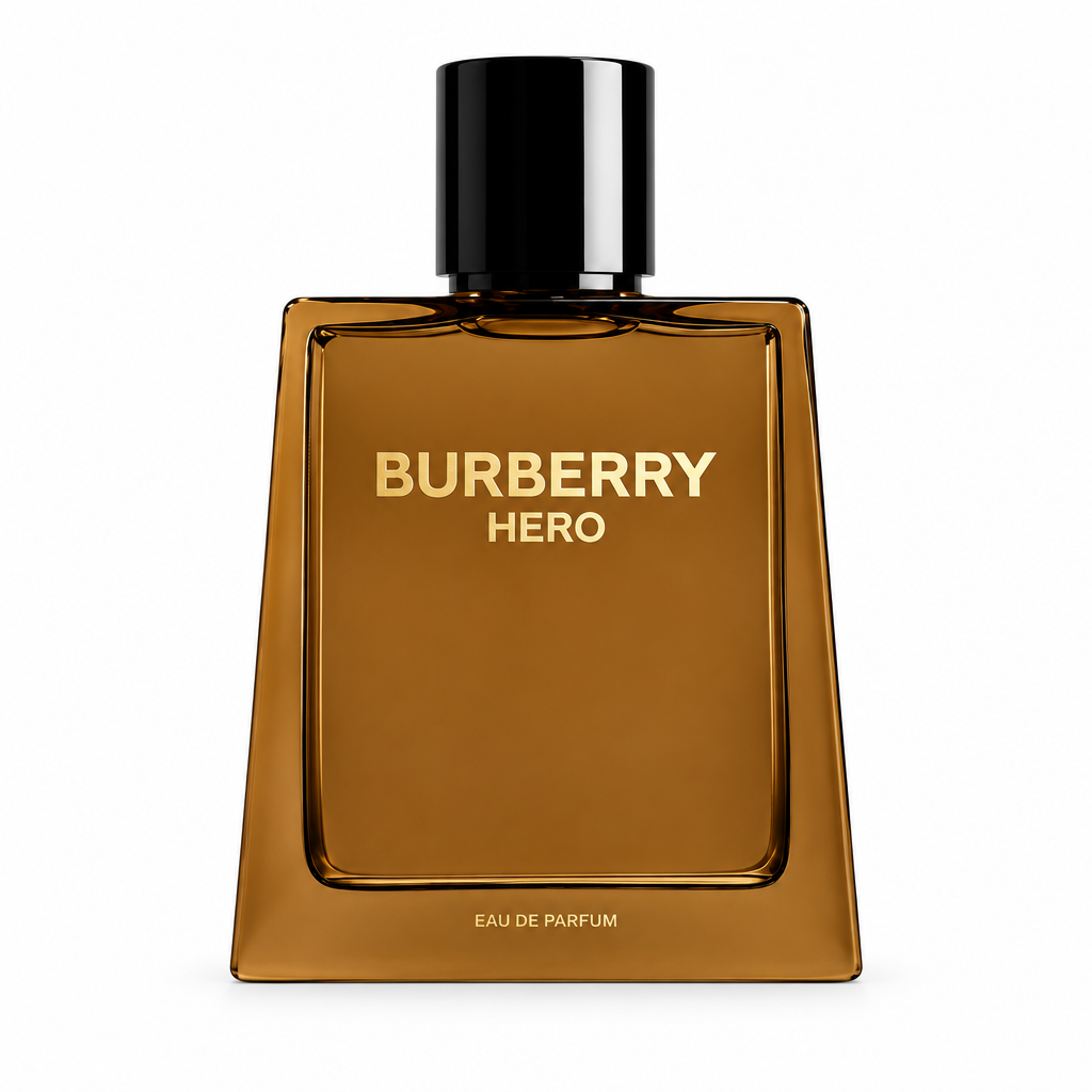 Burberry Hero EDP amber-brown glass fragrance bottle with black cap and gold lettering, closely framed on white.