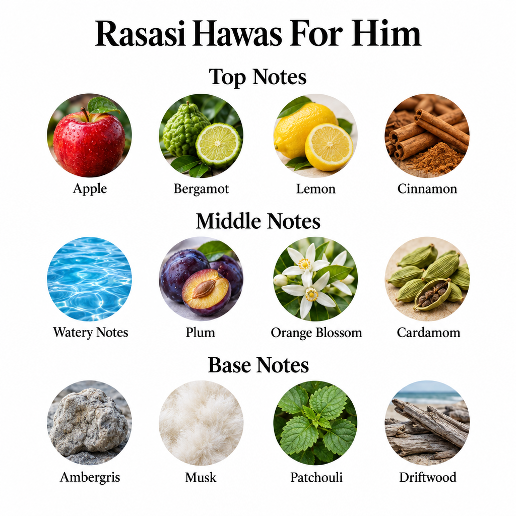 Hawas For Him notes: apple, bergamot, lemon, cinnamon; watery notes, plum, orange blossom, cardamom; ambergris, musk, patchouli, driftwood.