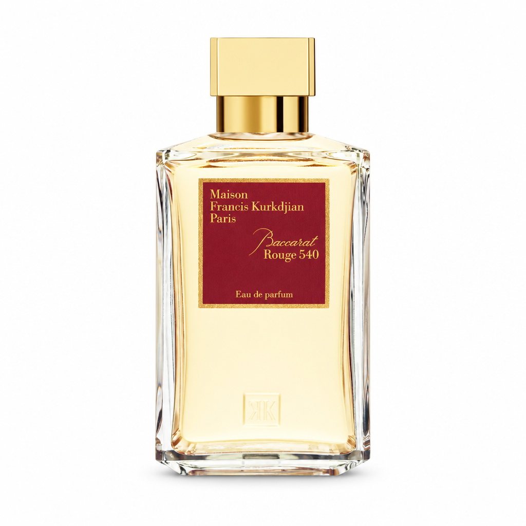 Maison Francis Kurkdjian Baccarat Rouge 540 Eau de parfum bottle with gold cap and red label centered on white.