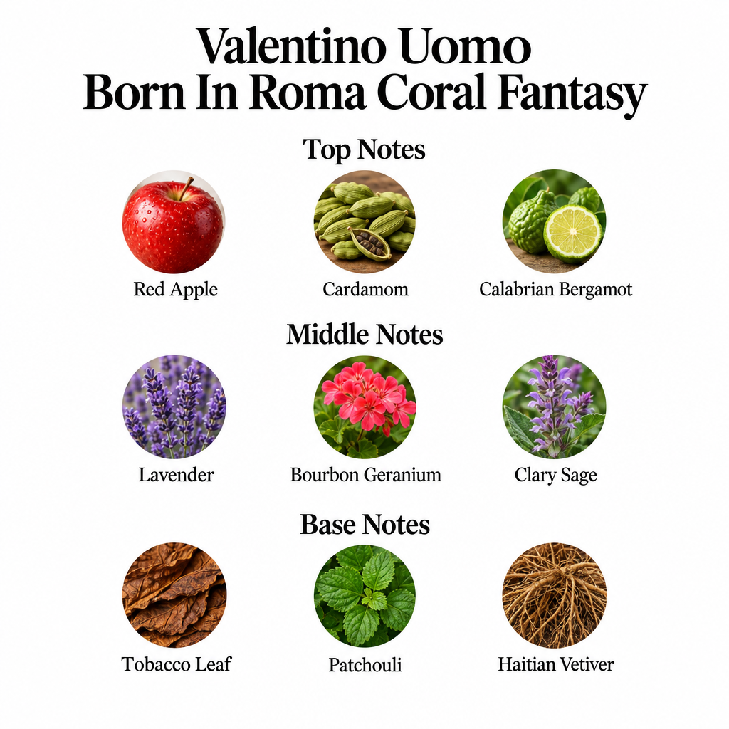 Coral Fantasy notes: red apple, cardamom, Calabrian bergamot; lavender, Bourbon geranium, clary sage; tobacco leaf, patchouli, Haitian vetiver.