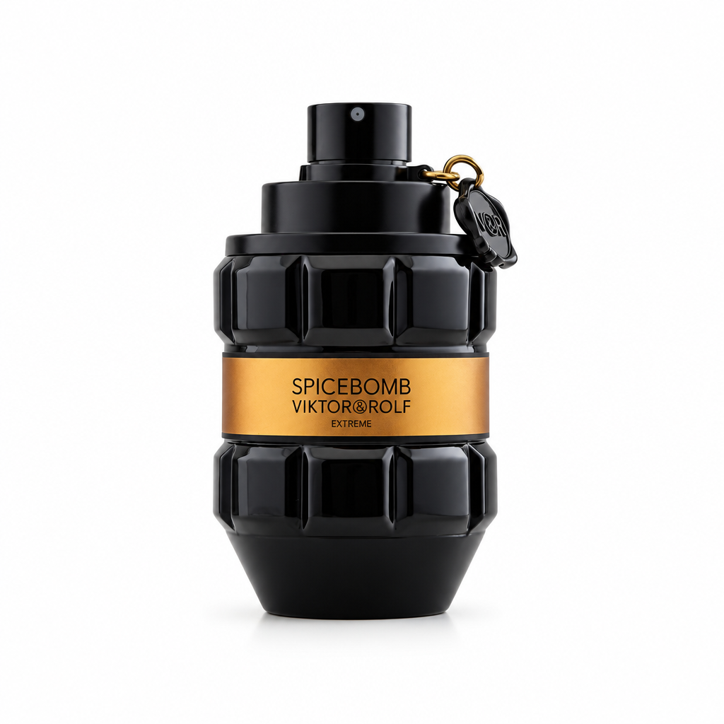 Viktor & Rolf Spicebomb Extreme black grenade-shaped bottle with gold band and hanging tag on white.