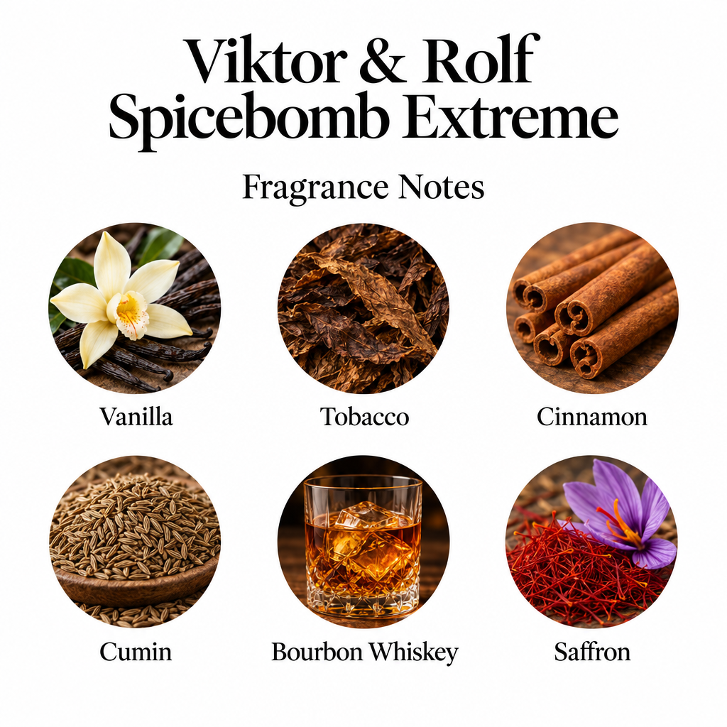 Spicebomb Extreme fragrance notes: vanilla, tobacco, cinnamon, cumin, bourbon whiskey, saffron.