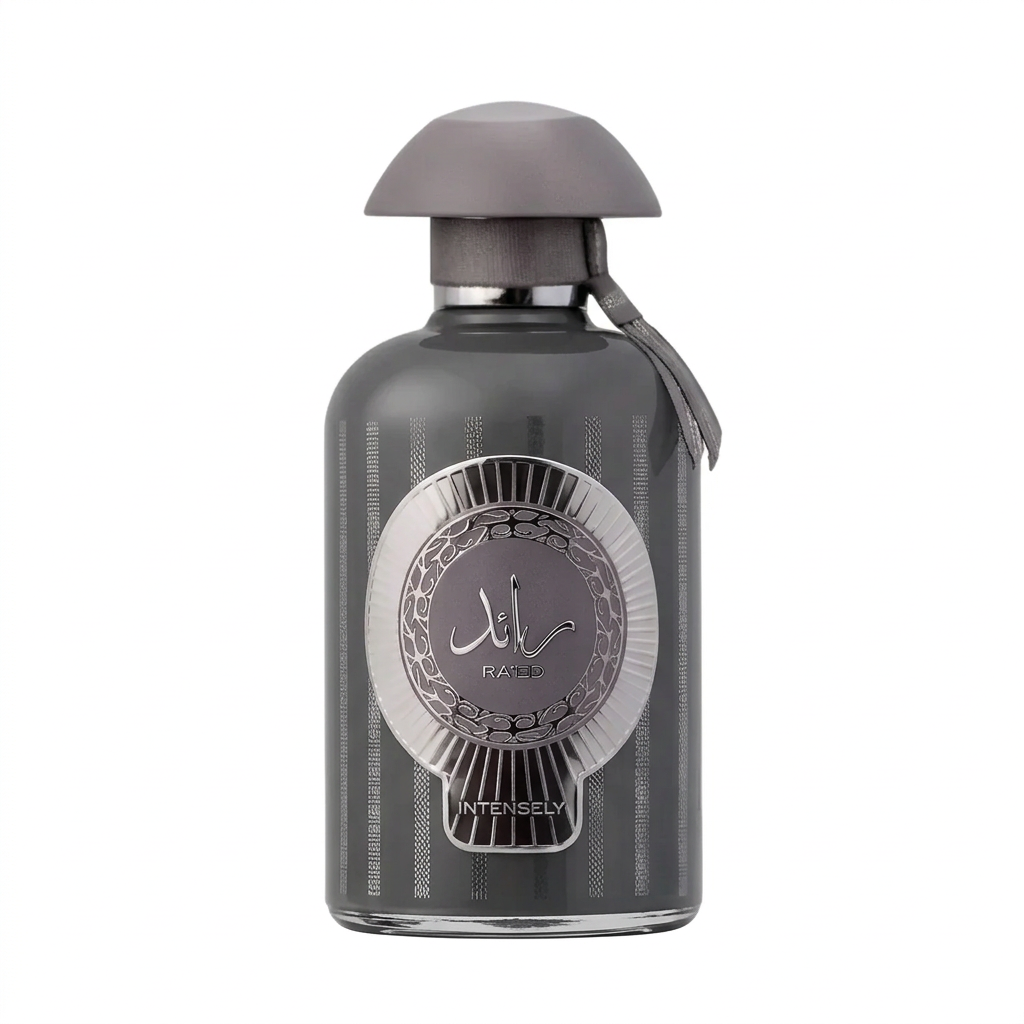 Lattafa Ra'ed Intensely charcoal bottle with silver medallion, grey cap and side strap, centered on a white square background.