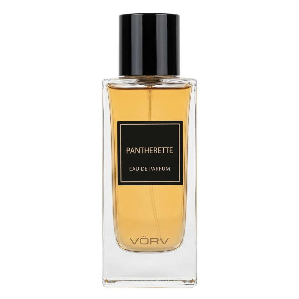 Vurv Pantherette amber perfume bottle with a black cap and label on a white square background.