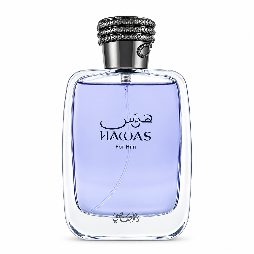 Rasasi Hawas For Him bottle centered on a white background with the full cap and base visible.