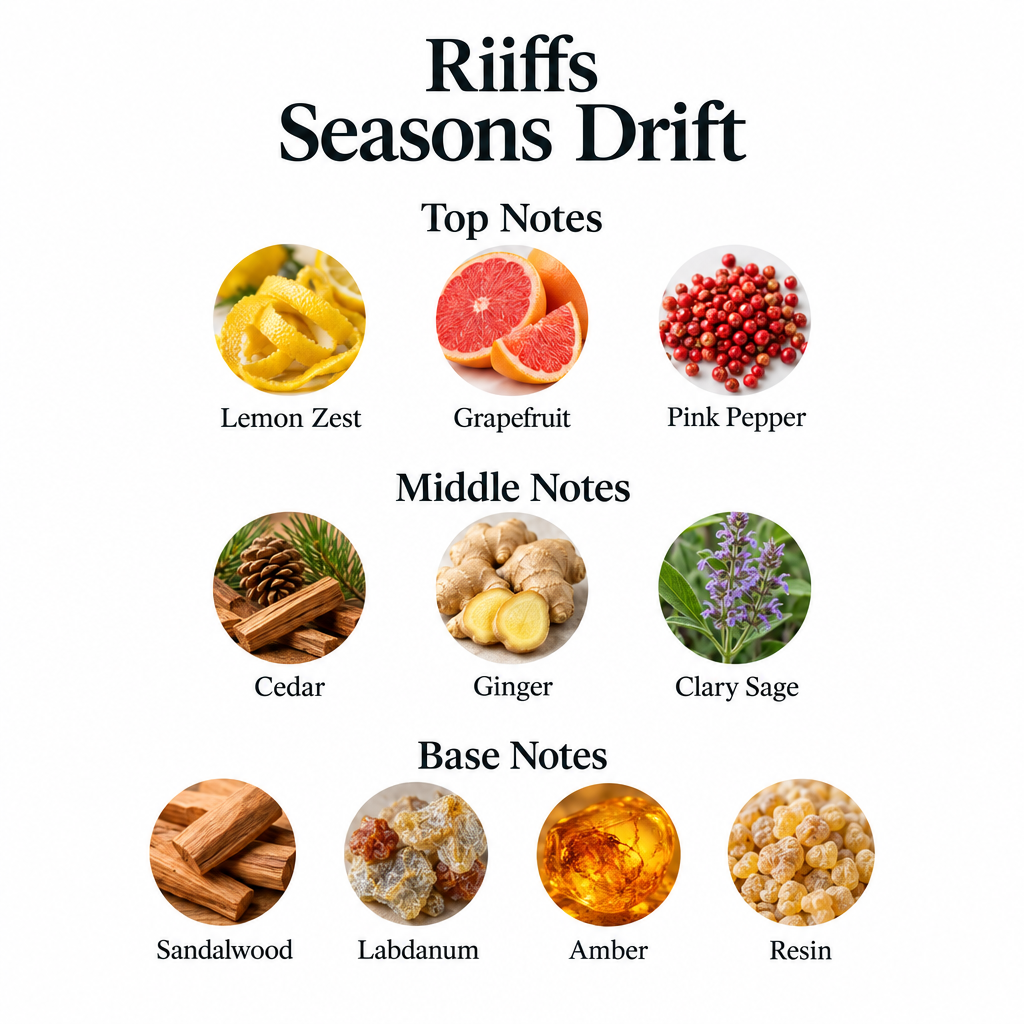 Seasons Drift notes: lemon zest, grapefruit, pink pepper; cedar, ginger, clary sage; sandalwood, labdanum, amber, resin.