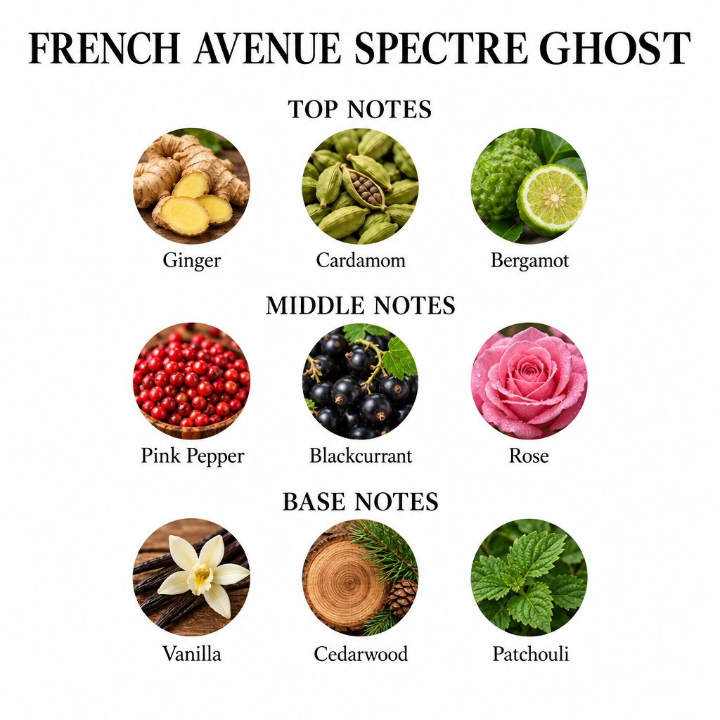 French Avenue Spectre Ghost fragrance notes: Ginger, Cardamom, Bergamot; Pink Pepper, Blackcurrant, Rose; Vanilla, Cedarwood, Patchouli