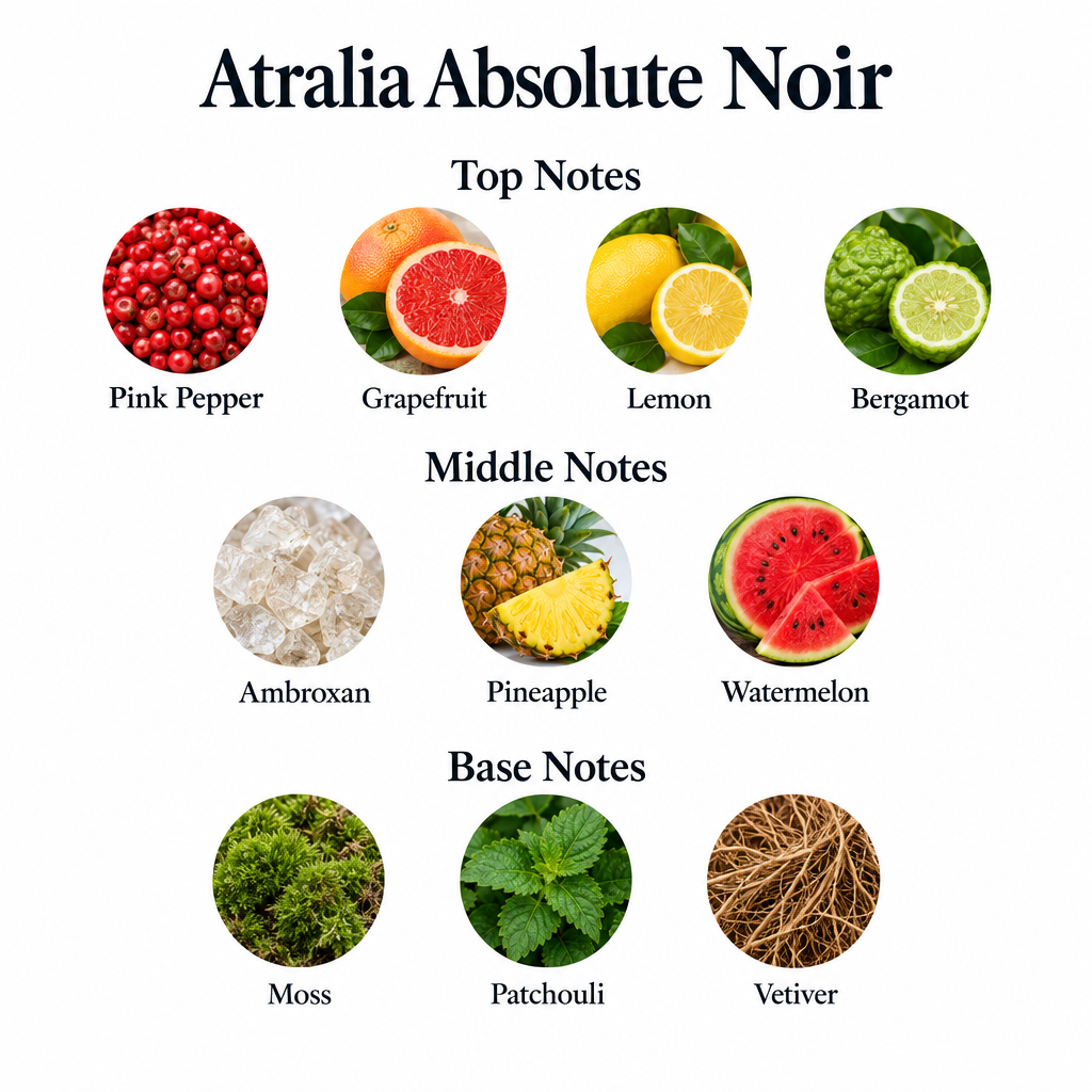 Atralia Absolute Noir notes: pink pepper, grapefruit, lemon, bergamot; ambroxan, pineapple, watermelon; moss, patchouli, vetiver.