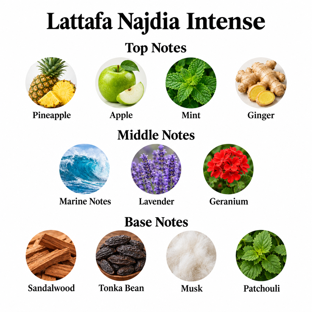 Lattafa Najdia Intense notes: pineapple, apple, mint, ginger; marine notes, lavender, geranium; sandalwood, tonka bean, musk, patchouli.