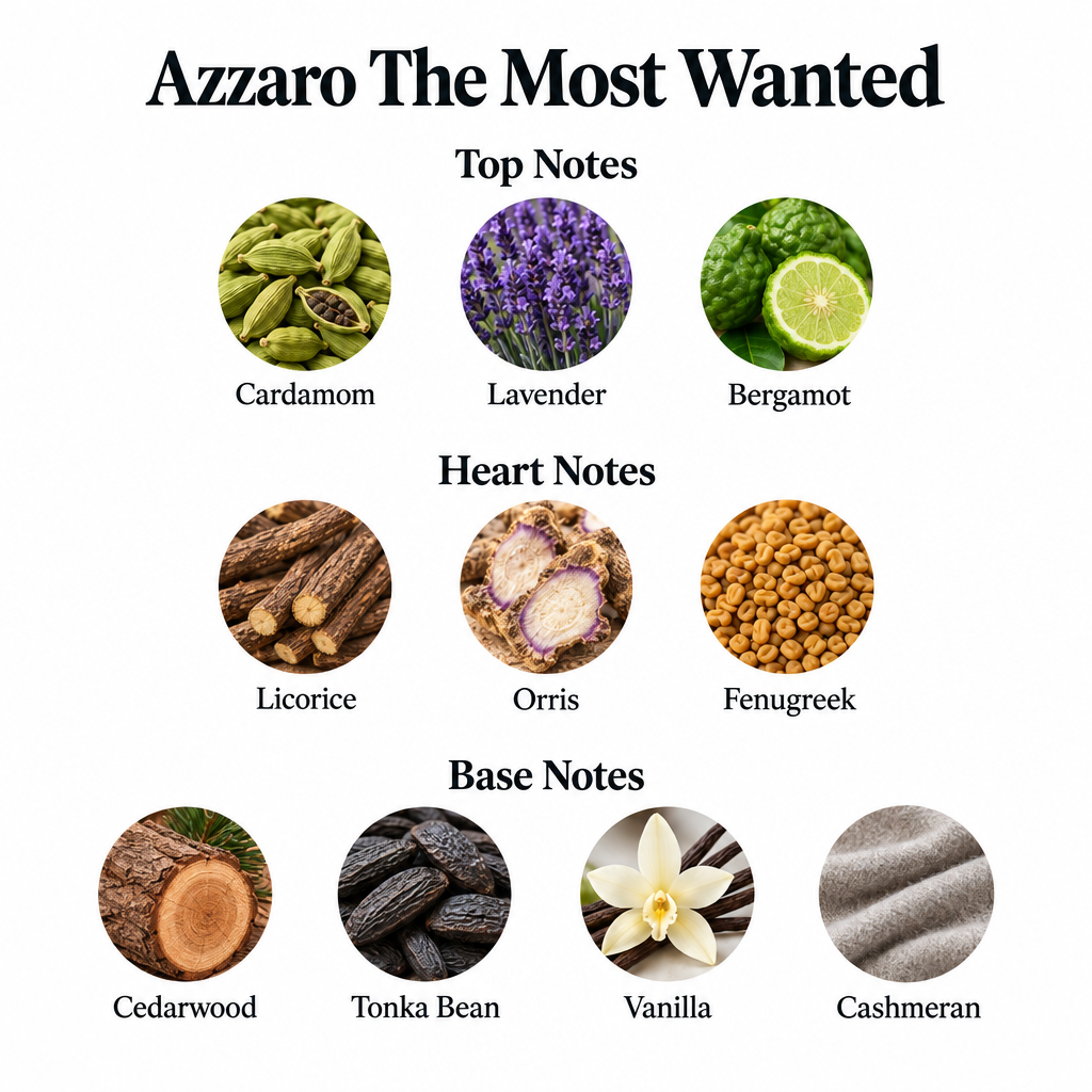 Azzaro The Most Wanted notes card matching the current description: cardamom, lavender, bergamot; licorice, orris, fenugreek; cedarwood, tonka bean, vanilla, cashmeran.