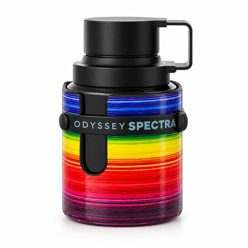Armaf Odyssey Spectra rainbow-striped fragrance bottle with black cap and handle, closely framed on a white background.