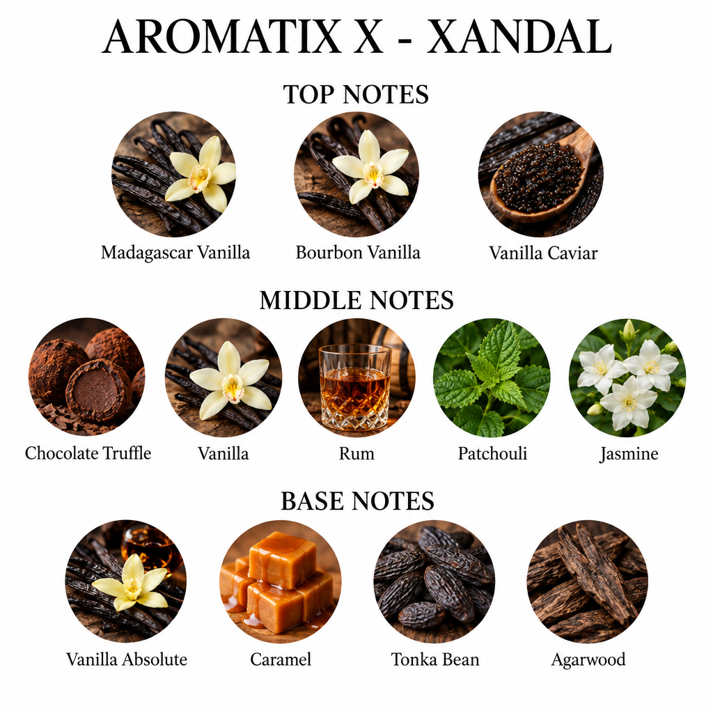 Aromatix X - Xandal fragrance notes: Top: Madagascar vanilla, Bourbon vanilla, Vanilla Caviar; Middle: chocolate truffle, vanilla, rum, patchouli, jasmine; Base: vanilla absolute, caramel, tonka bean, agarwood