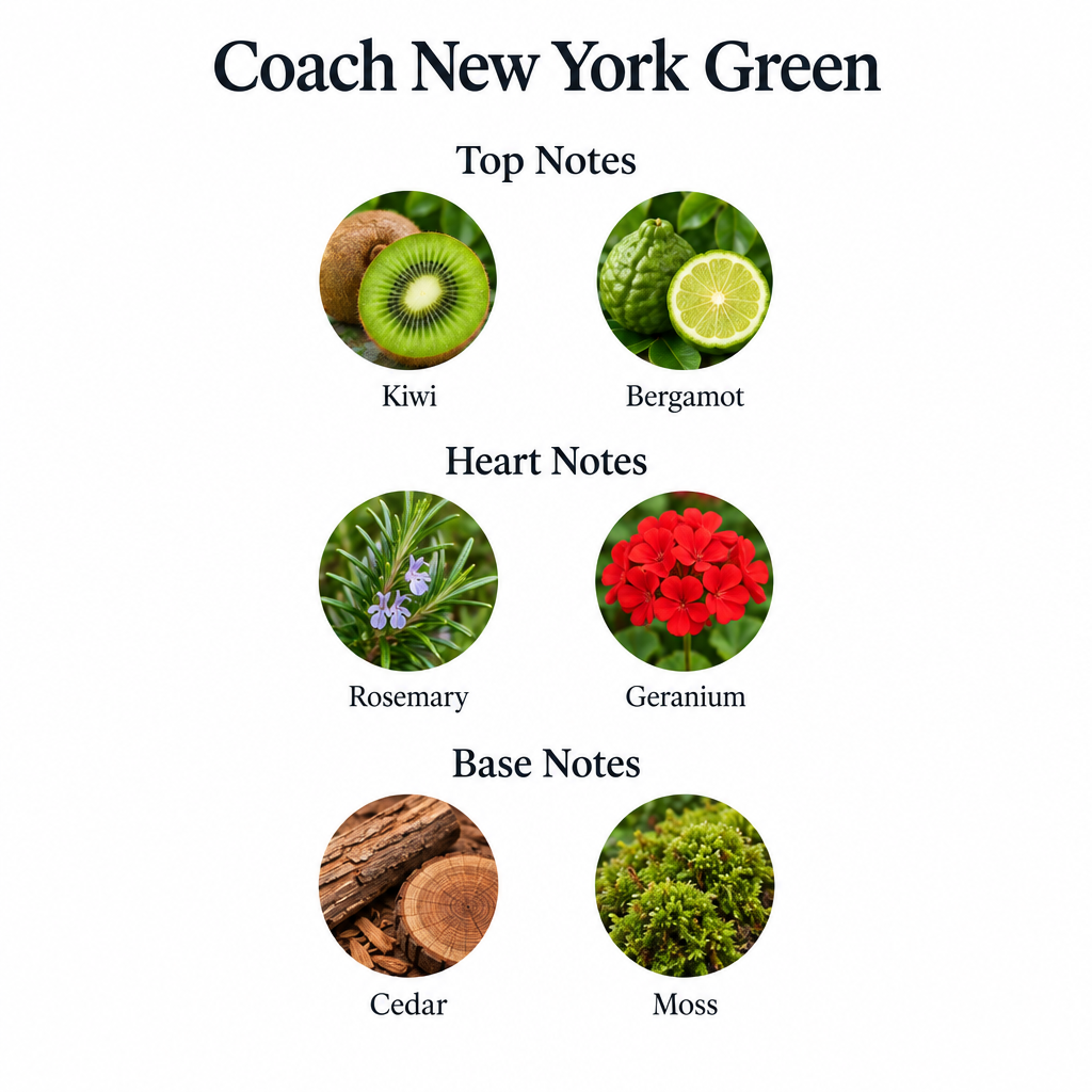 Coach New York Green fragrance notes: kiwi and bergamot; rosemary and geranium; cedar and moss.