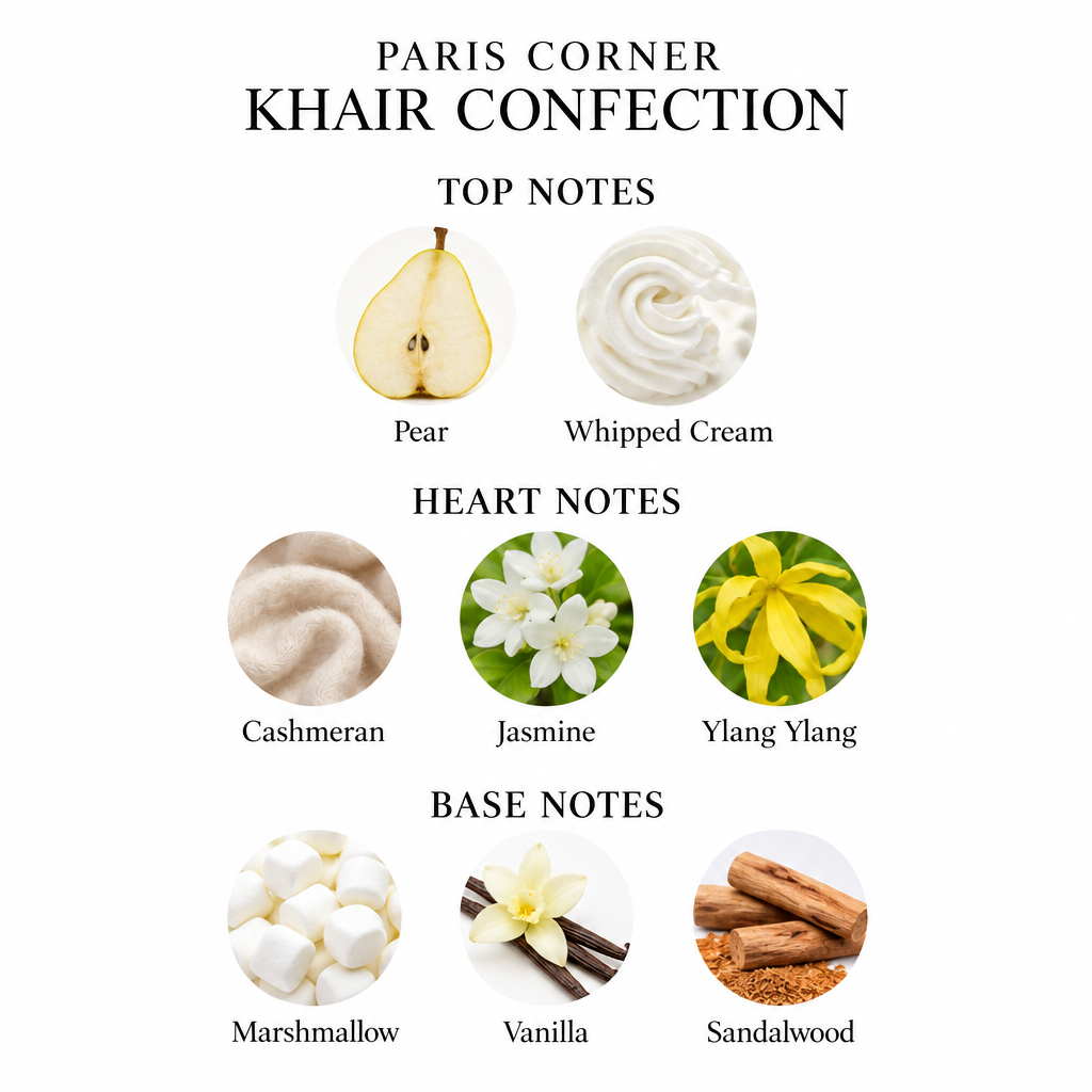 Paris Corner Khair Confection notes: pear, whipped cream, Cashmeran, jasmine, ylang ylang, marshmallow, vanilla and sandalwood
